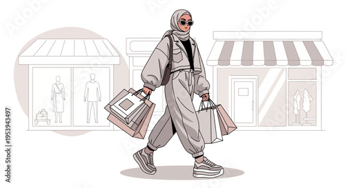 Stylish Muslim Woman Shopping, Carrying Bags, Walking in Fashionable Street