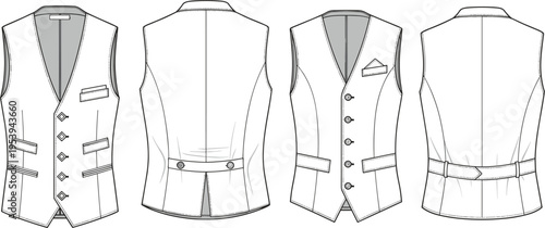 Technical fashion sketch of men tailored waistcoat vest with front and back views including welt pockets button closure and adjustable back strap for apparel design.