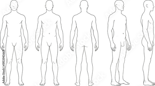Male fashion technical drawing template featuring front back and side views of body croquis for menswear apparel design tech packs and garment development.