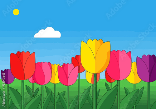 Vibrant Tulips Field Spring Flowers Blooming Nature.