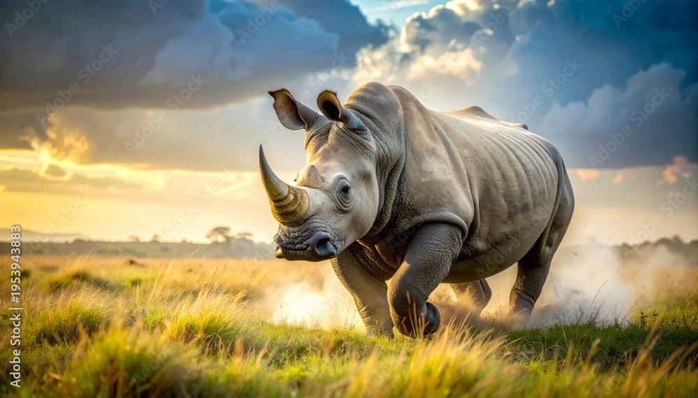 Fototapeta premium Majestic rhinoceros charging through the golden savanna landscape at sunset.