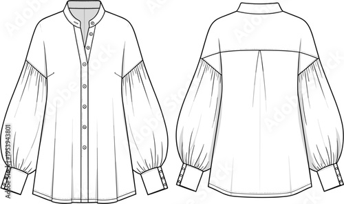 Women fashion blouse technical drawing vector featuring long balloon sleeves and mandarin collar for apparel design tech packs and garment manufacturing templates.