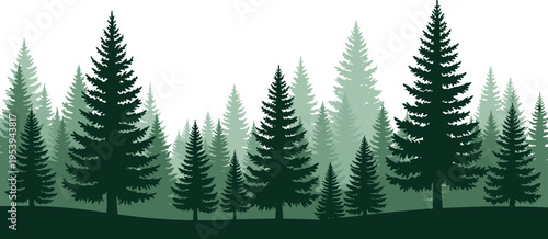 Layered evergreen pine forest landscape with misty tree silhouettes tranquil green woodland scenery background minimalist nature illustration for design projects
