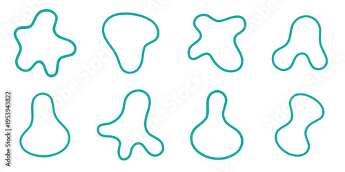 Collection of eight unique abstract shapes outlined in teal on a white background