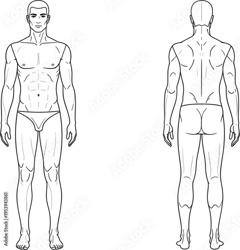 Male fashion croquis technical sketch set with front and back views of a muscular man figure for apparel design and clothing templates.