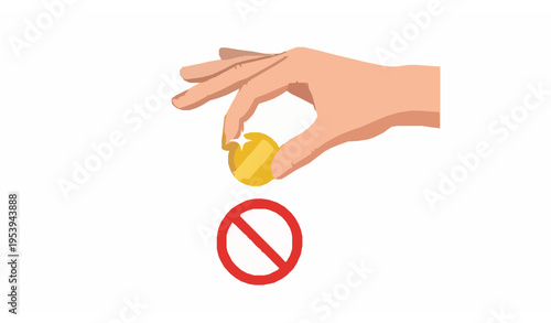 No giving money to beggars vector icon with hand and coin forbidden sign
