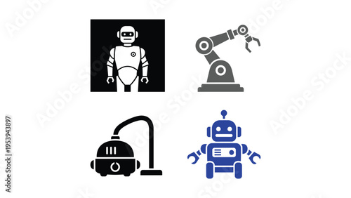 Four icons representing various types of modern robotic devices and automation tools