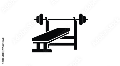 A simple black silhouette depicts a weight bench with barbells representing fitness and strength training
