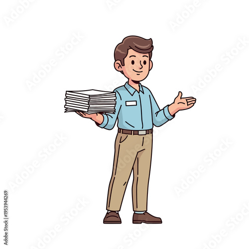 Cartoon Man Holding Papers and Gesturing.