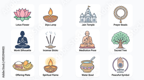 Displaying a serene collection of Buddhist icons on a white background, front view of lotus flower, oil lamp, stupa temple, meditation silhouettes, incense sticks, offering plate and peaceful symbols