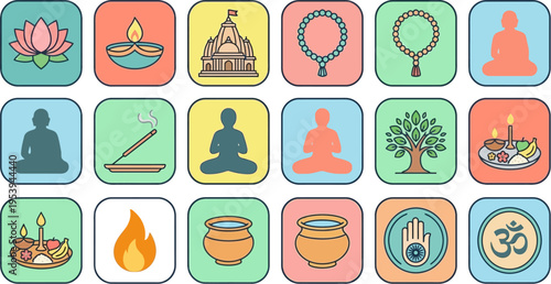 Viewing a flat grid of twenty pastel spiritual icons featuring lotus, meditation, buddhist symbols, flame and om, arranged in four rows for digital design use on a clean white background