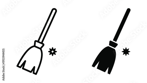 black and white broom vector illustration, flat design