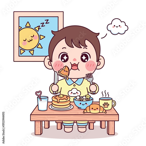 Cartoon Boy Eating Breakfast with Thought Bubble.