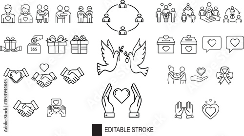 Line icon set of love family friendship community charity donation peace kindness support helping hands hearts doves gifts editable stroke vector illustration