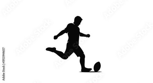 A silhouetted figure powerfully kicks an oval shaped ball suggesting athletic motion and sports high quality