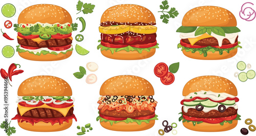 Gourmet burger collection with beef chicken cheese bacon vegetables and sauces delicious fast food flat vector illustration set