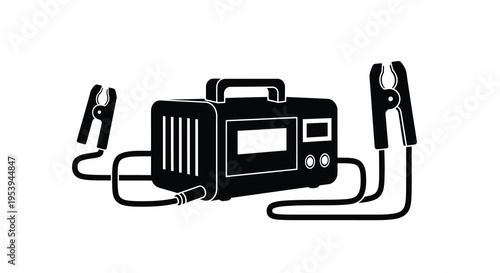 A black and white vector illustration depicts a welding machine with attached grounding clamps and cables