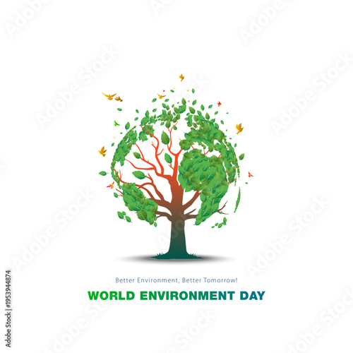 Promotional concept for World Environment Day. Green tree plant leaves illustrated in world map form.