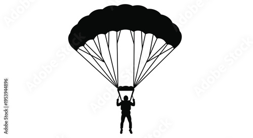 A striking silhouette depicts a skydiver gracefully descending with a fully deployed parachute high quality