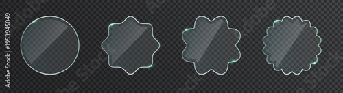 Transparent acrylic shapes. Crystal panels, circular badges, and geometric templates for design backgrounds.