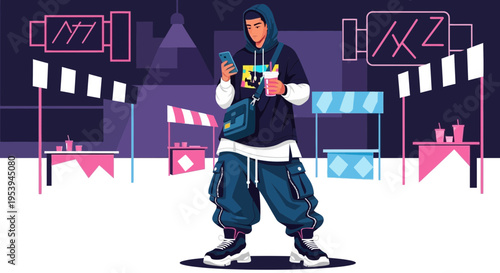 Stylish young man in streetwear checking phone at night market stalls