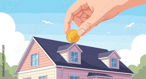 Large human hand inserting a gold dollar coin into the attic window of a family home as a symbol of property savings.