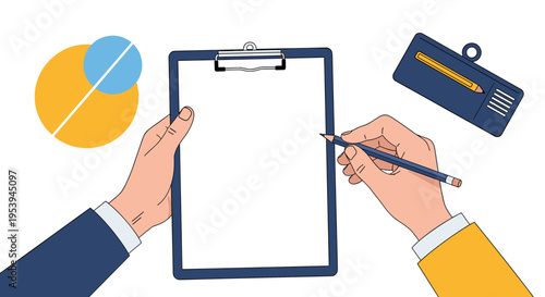 Top down view of hands holding a blank clipboard and a pencil ready to write notes or fill out a document on a table.