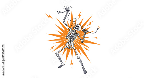 Human skeleton getting an electric shock with bright orange sparks and zigzag lightning bolts isolated on a white background.