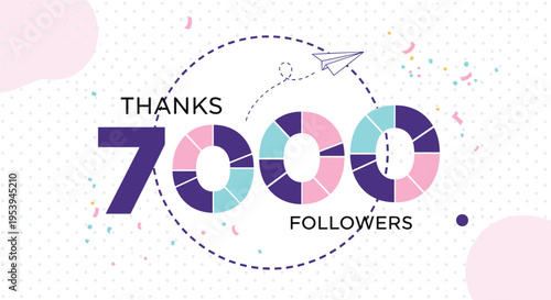 Colorful infographic celebrating 7000 followers milestone with a paper plane and confetti for social media marketing success.