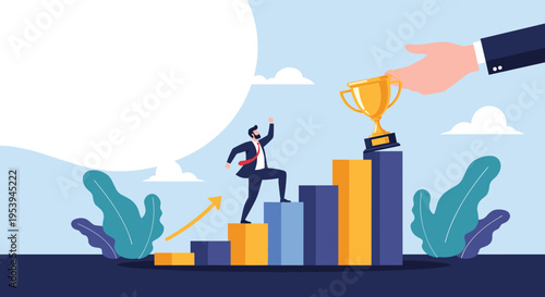 Businessman climbing a bar chart toward a gold trophy held by a giant hand representing career guidance and mentorship support.