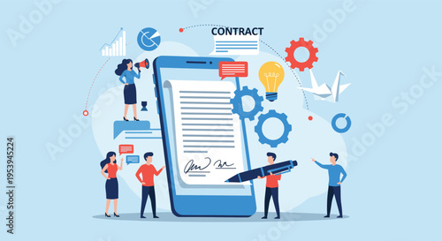 Group of business people working around a giant smartphone screen to sign a digital contract with various professional icons.