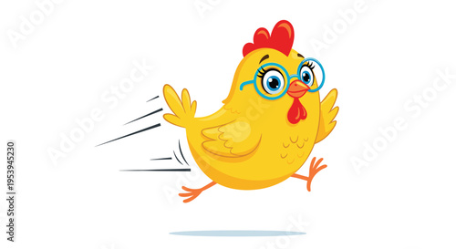 Cute cartoon yellow chick with blue glasses running fast with motion lines representing speed and hurry on a white background.