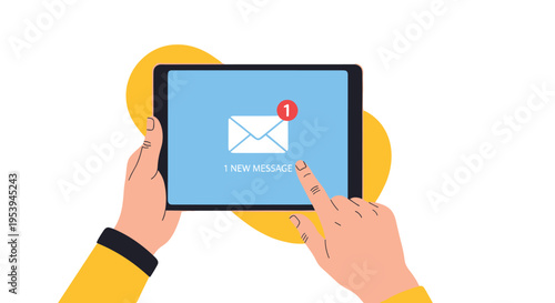 Person using a tablet to check a new message with a notification icon on the blue screen held by two hands on white background.