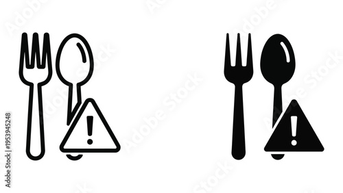 Warning utensil icons vector illustration with fork, spoon, and exclamation triangle