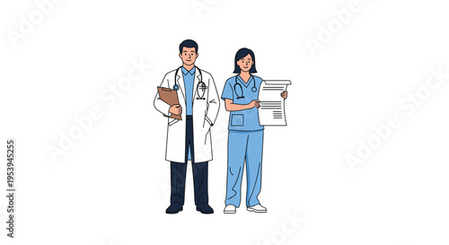 Male doctor in a white lab coat and female nurse in blue scrubs standing together holding medical records and a clipboard.