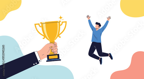 Large hand holding a gold trophy for a happy man jumping in the air celebrating a major professional achievement or victory.