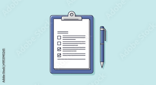 Medical clipboard with a checklist and a pen isolated on a light blue background representing patient documentation tasks.