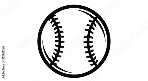 A simple black and white illustration depicts a baseball with clearly defined stitches and circular form