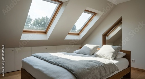 Bright attic bedroom with angled skylights, bed, built-in storage, and sunlight