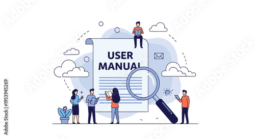 Group of small people reading and searching through a giant user manual document with a magnifying glass for instructions.