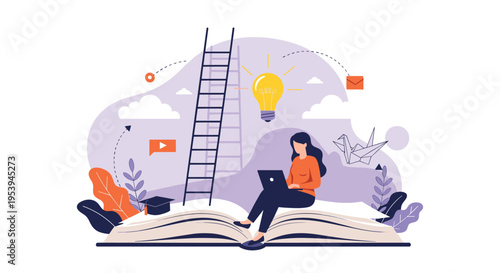Woman sitting on a giant open book using a laptop with a light bulb and educational icons representing modern online learning.