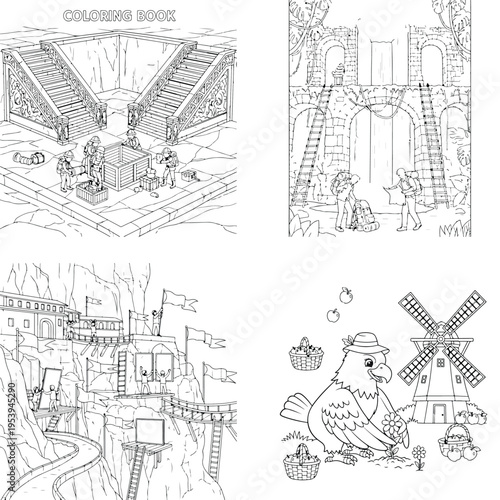 Whimsical outline illustration of dutch windmill and bird with top hat and cane with black and white