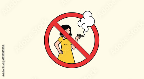 Woman smoking a cigarette inside a red prohibition circle symbol on a light background representing no smoking regulations.