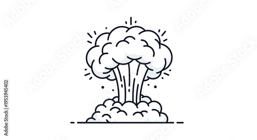 Thick black-outlined mushroom cloud representing a powerful nuclear explosion or heavy smoke blast on a white background.