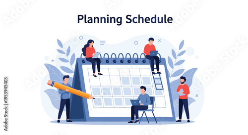 Group of business people working together on a large calendar to organize a project planning schedule in flat style.