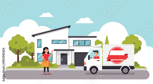 Happy woman receiving a parcel from a friendly delivery truck driver in front of her modern white suburban home.