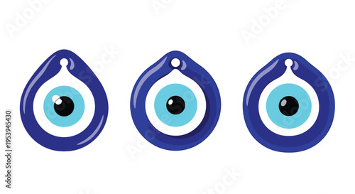 Three traditional blue and white glass evil eye talismans or nazar amulets for protection isolated on a white background.