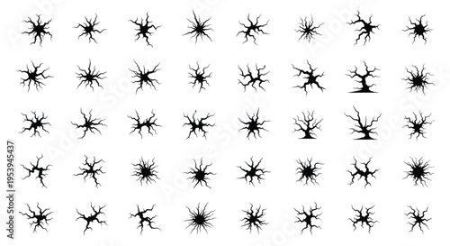 Large collection of various black crack silhouettes and fracture patterns on a white background for design texture.