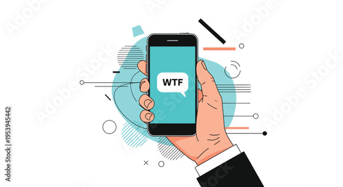Hand holding a smartphone showing a wtf text message over a vibrant and colorful abstract pop art background.