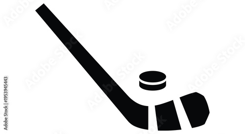 A minimalist black and white illustration depicts a hockey stick and puck showcasing sports equipment high quality